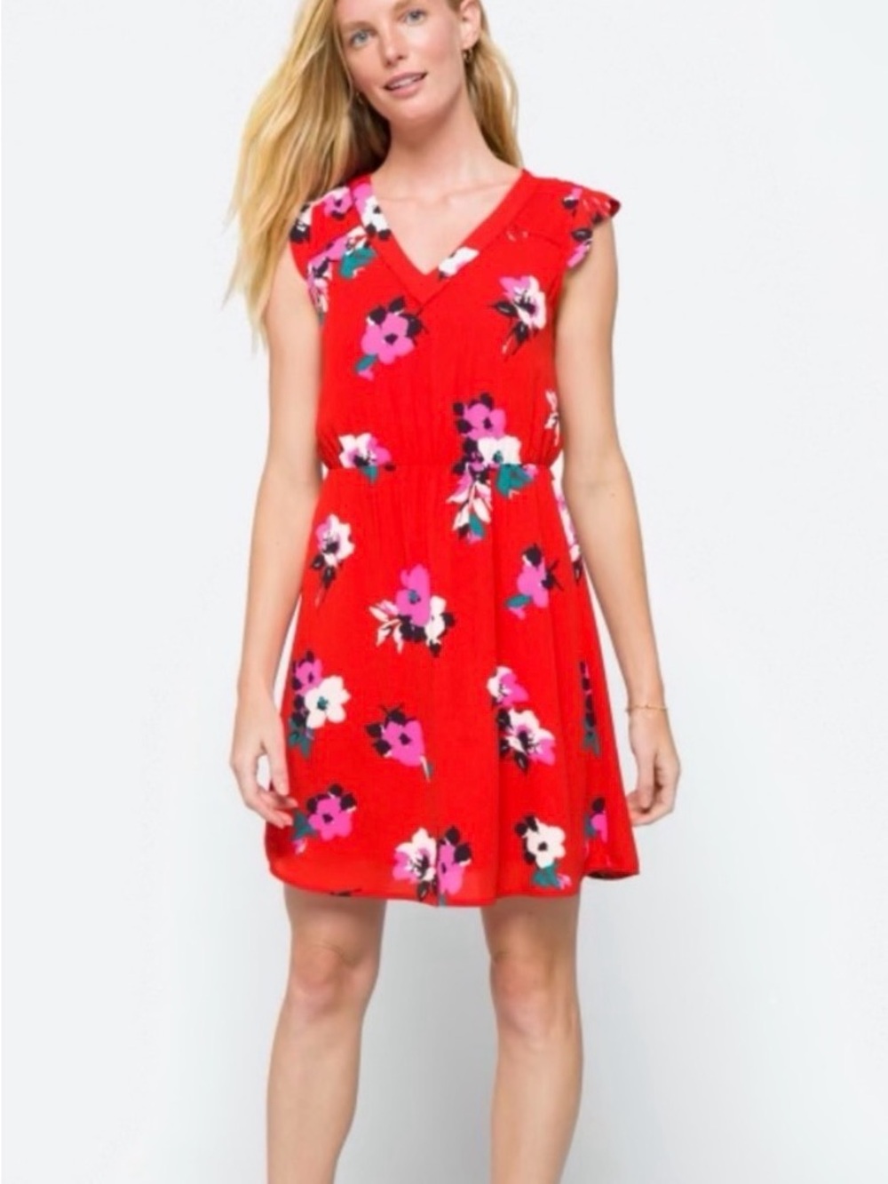 41 Hawthorn- Red Floral V-Neck Mini Dress with Flutter Sleeves